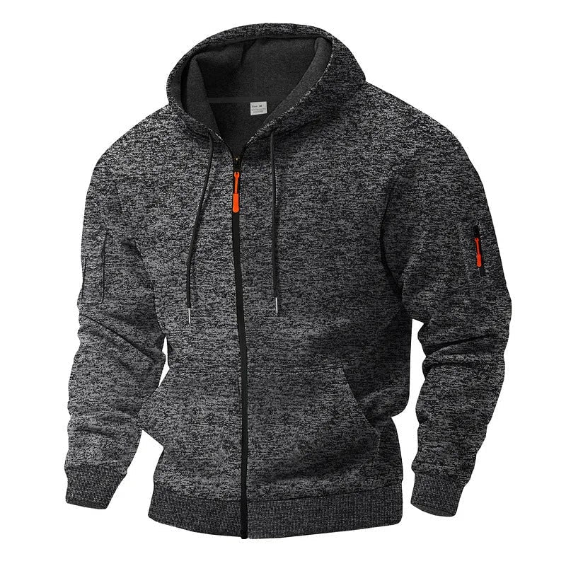 Felpa con cappuccio maschile, zip intera e tasca frontale a marsupio, per un comfort casual e sportivo.