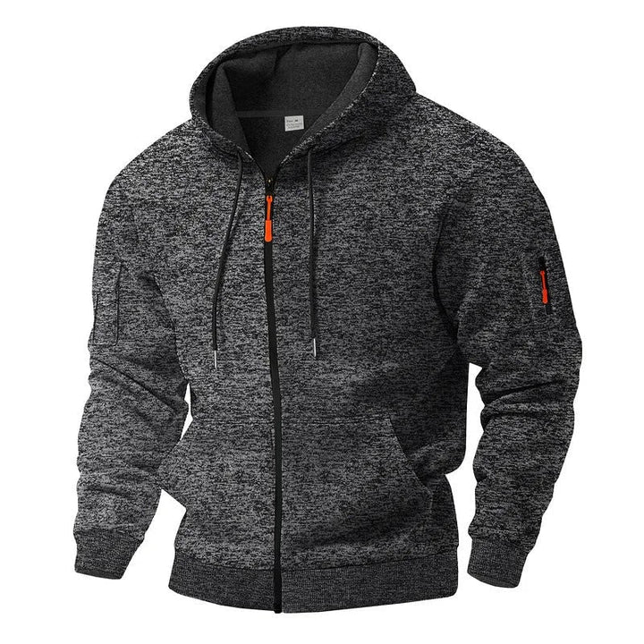 Felpa con cappuccio maschile, zip intera e tasca frontale a marsupio, per un comfort casual e sportivo.