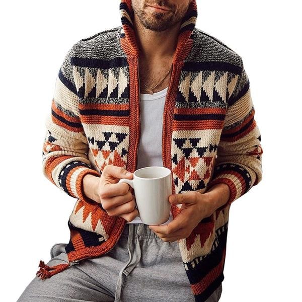 Cardigan geometrico da uomo con zip e collo alto, perfetto per un look casual o elegante, moda maschile.