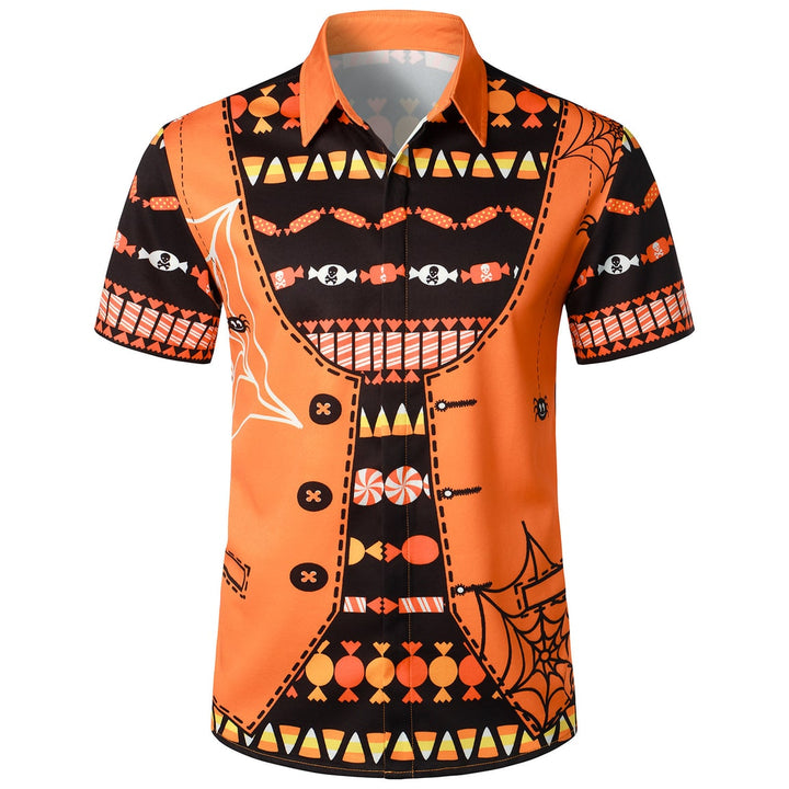 Camicia uomo Halloween con stampa ragnatela e candy corn, perfetta per feste a tema spettrali e divertimento.