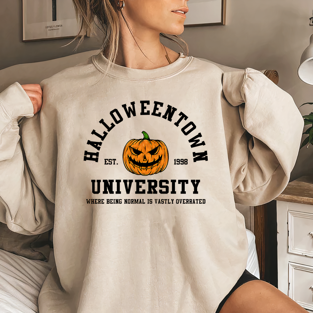 Maglione girocollo donna per Halloween, zucca arancione. Stile collegiale autunnale, perfetto per feste e casual.