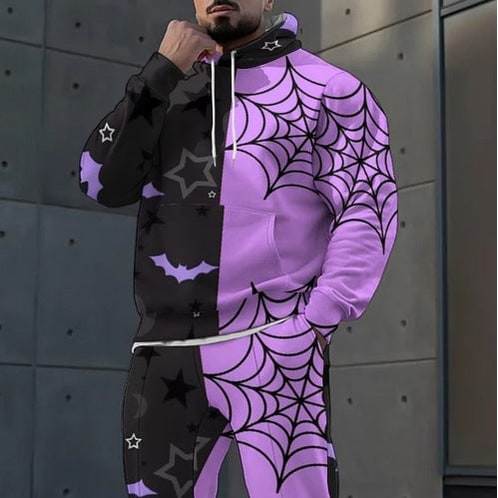 Tuta uomo Halloween set due pezzi con felpa e joggers neri, stampa ragnatela e pipistrello per feste a tema.