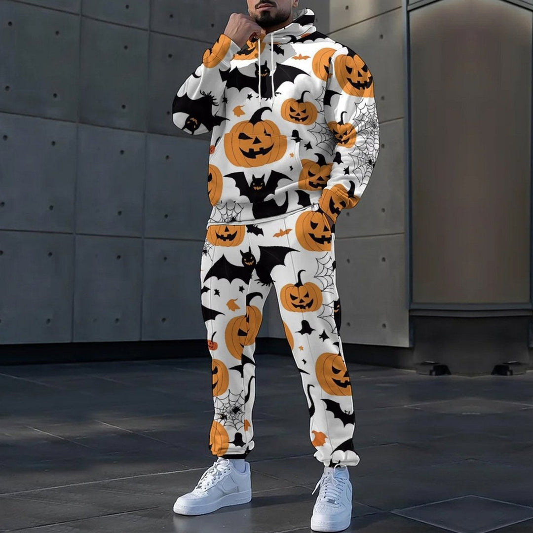 Tuta due pezzi uomo Halloween con felpa e joggers neri, decorata con zucca e pipistrello. Perfetta come costume festivo.