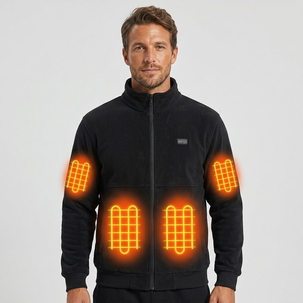 Giacca riscaldata uomo con collo alto e zip integrale, ideale per calore portatile e comfort termico invernale.