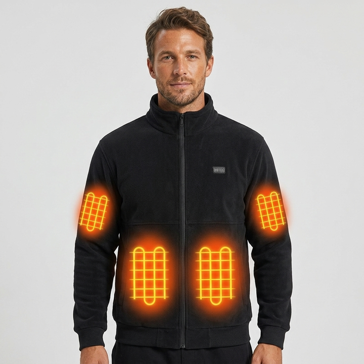 Giacca riscaldata uomo con collo alto e zip integrale, ideale per calore portatile e comfort termico invernale.