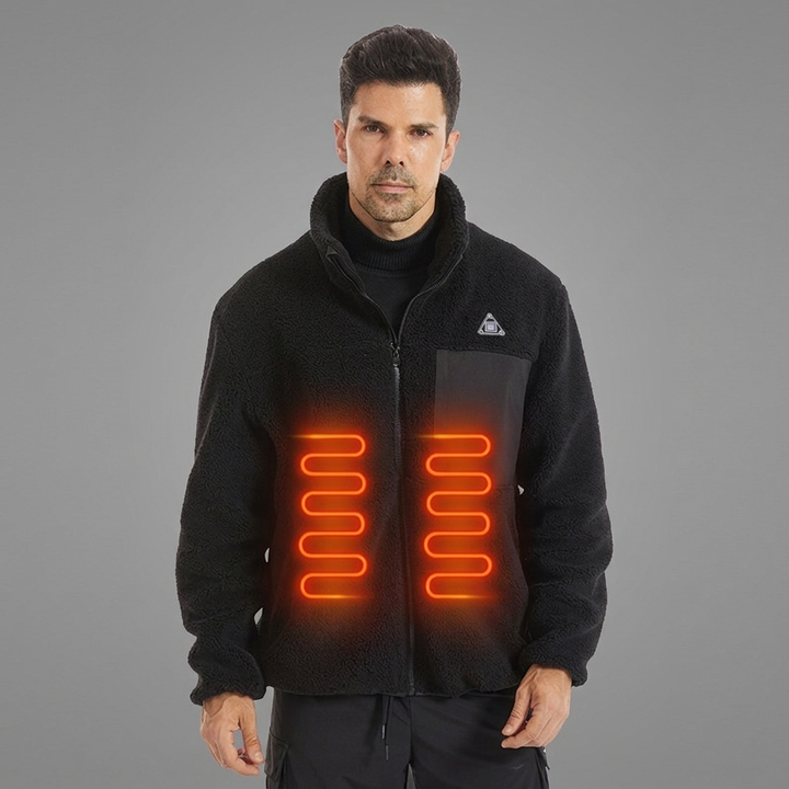 Giacca riscaldata da uomo con collo alto e cerniera, ideale per un calore ottimale in inverno e attività outdoor.