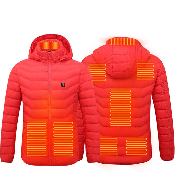 Giacca piumino riscaldata uomo con cappuccio, ideale per inverno e freddo estremo.