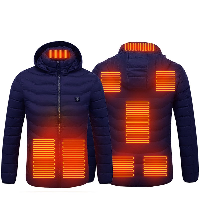 Abbigliamento termico uomo: giacca piumino riscaldata con cappuccio per l'inverno.