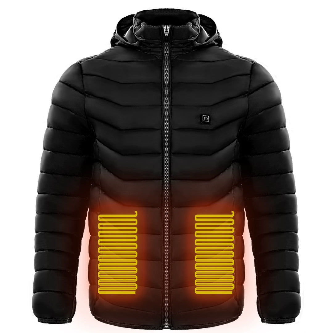 Piumino uomo con cappuccio, riscaldato, ideale per attività outdoor invernali.