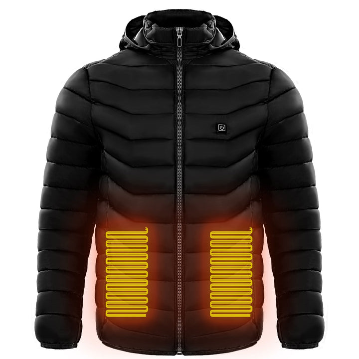 Piumino uomo con cappuccio, riscaldato, ideale per attività outdoor invernali.