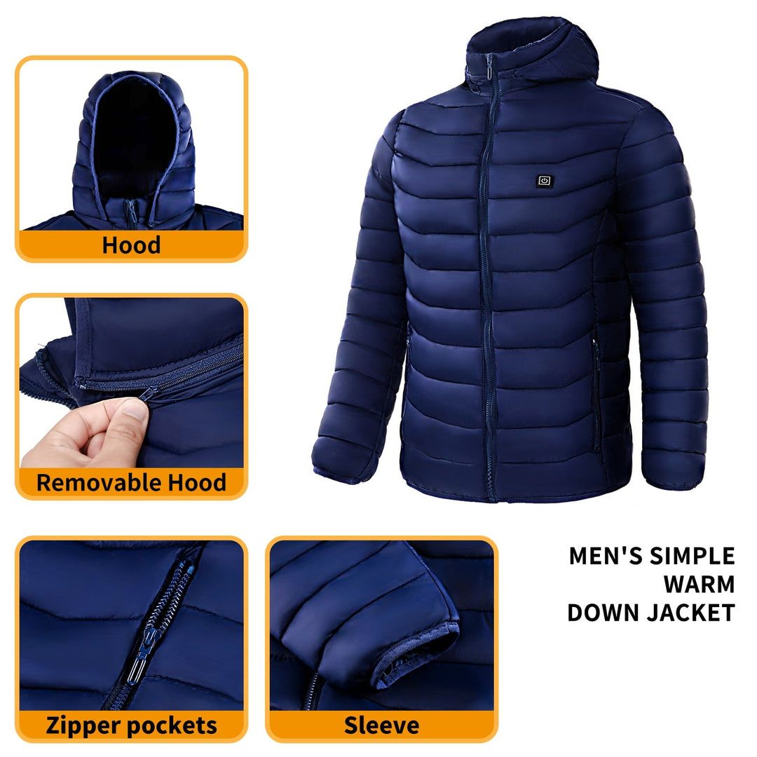 Uomo con giacca piumino riscaldata e cappuccio, protezione antivento efficace.