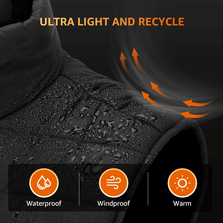 Gilet riscaldato uomo nero con batteria ricaricabile, ideale per il comfort termico in inverno.