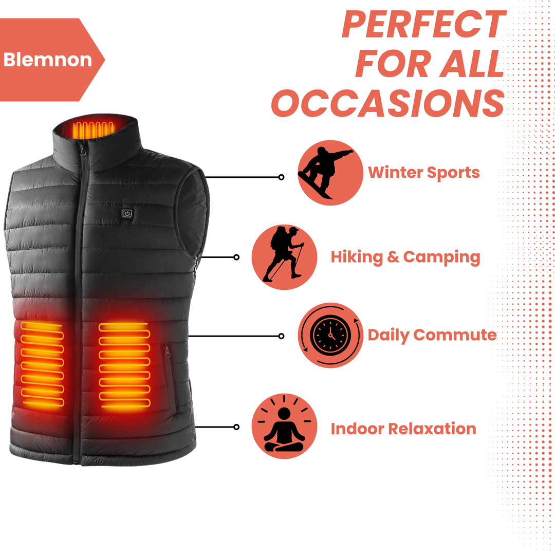 Uomo che indossa un gilet riscaldato per attività invernali, alimentato da batteria ricaricabile.