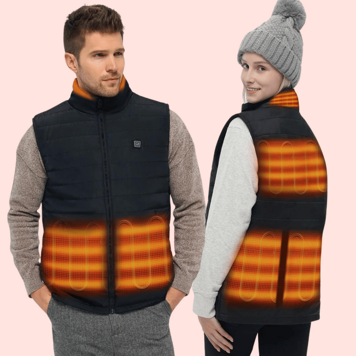 Dettaglio del gilet riscaldato uomo con sistema di riscaldamento interno, perfetto per calore invernale.