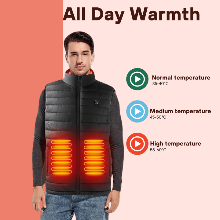 Gilet riscaldato nero, essenziale per affrontare il freddo invernale. Con batteria ricaricabile per uso outdoor.