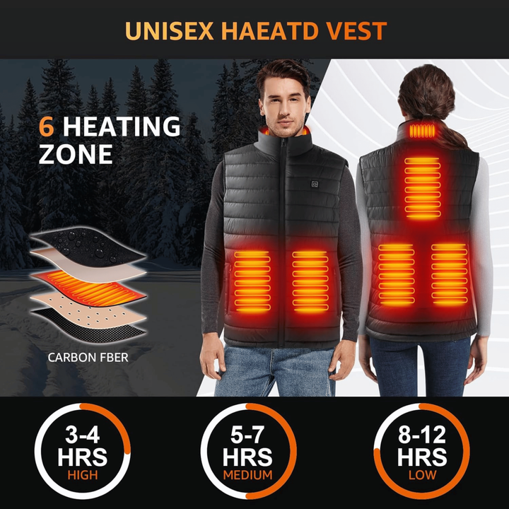 Modello gilet riscaldato uomo con tecnologia per comfort termico e lunga durata della batteria ricaricabile.