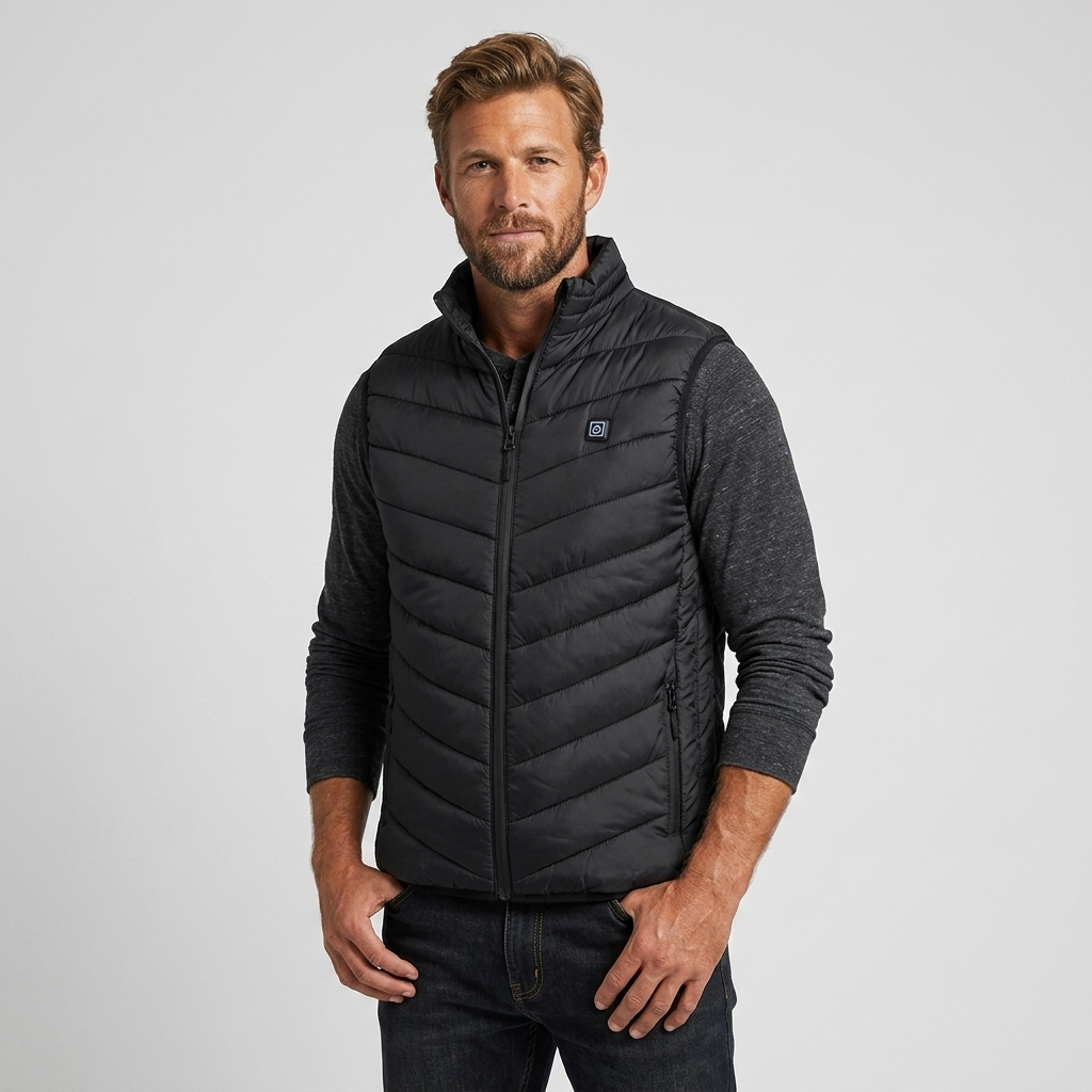 Uomo con gilet riscaldato USB, ideale per escursioni, viaggi e attività all'aperto in inverno.