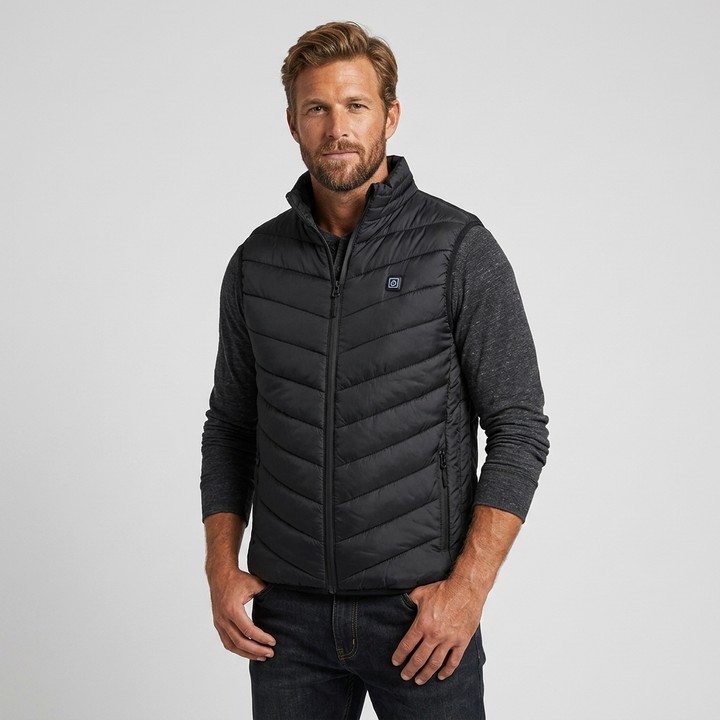 Uomo con gilet riscaldato USB, ideale per escursioni, viaggi e attività all'aperto in inverno.