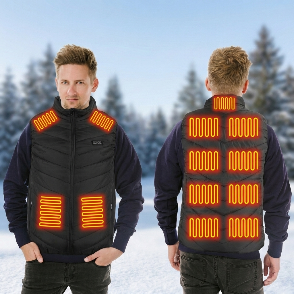 Gilet riscaldato uomo USB, colletto rialzato, calore mirato per inverno, escursionismo, pesca. Comfort outdoor.