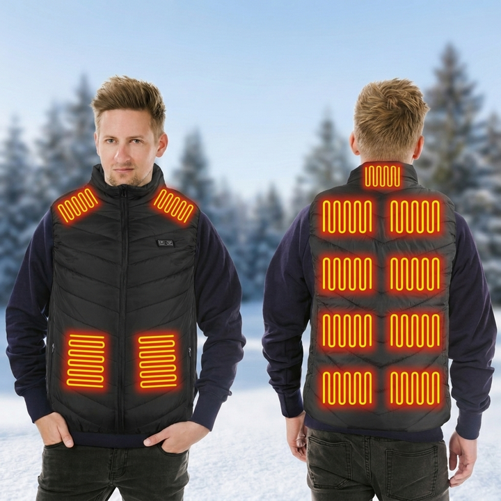 Gilet riscaldato uomo USB, colletto rialzato, calore mirato per inverno, escursionismo, pesca. Comfort outdoor.