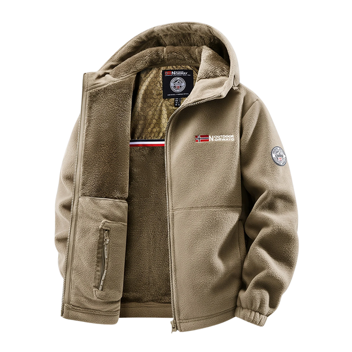Giacca in pile uomo con cappuccio, morbida e calda, ideale per inverno e comfort mezza stagione.