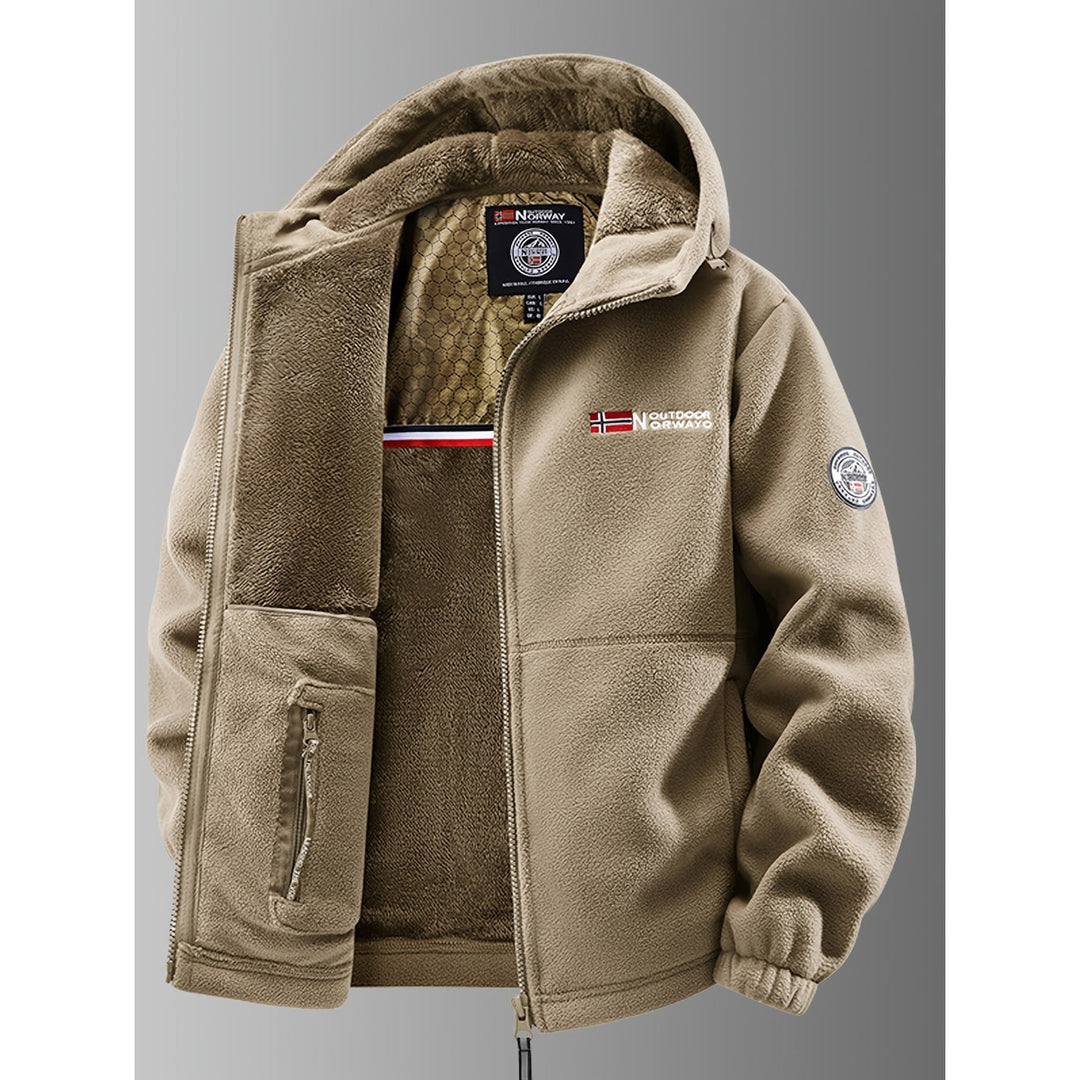 Giacca da uomo in pile con cappuccio, casual e confortevole, perfetta per esterno e clima freddo.