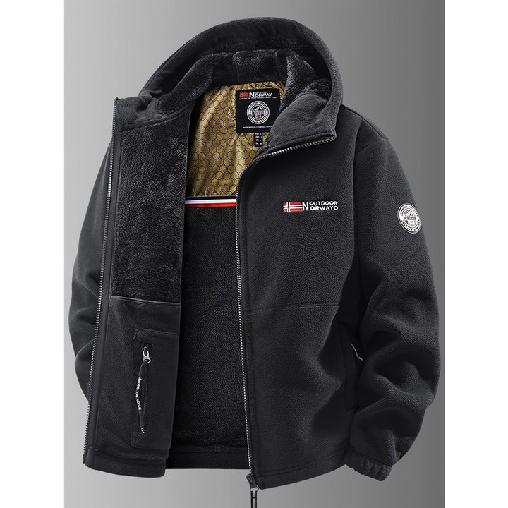Giacca in pile con cappuccio da uomo, calda, morbida e confortevole, ideale per inverno e esterno.