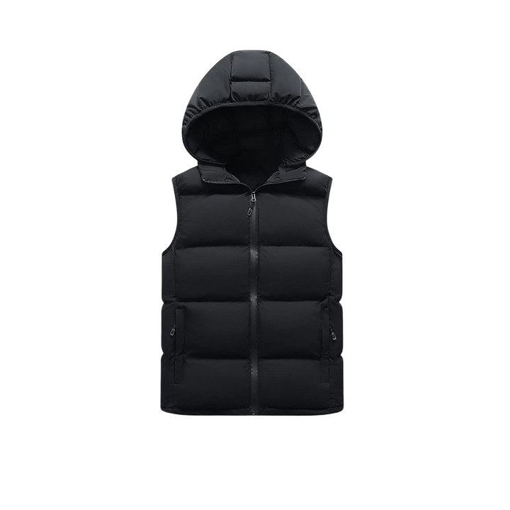 Gilet piumino trapuntato nero da uomo con cappuccio e zip resistenti all'acqua. Ideale per look casual e outdoor.