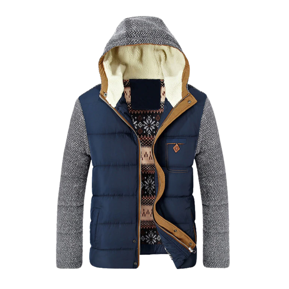 Giacca ibrida uomo moderna con piumino trapuntato frontale e maniche in maglia. Stile casual per l'autunno.
