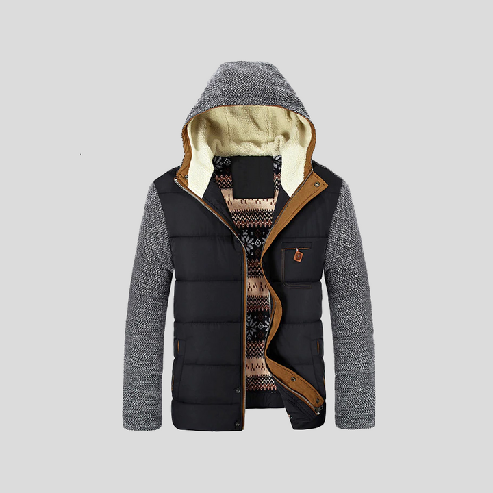 Giacca uomo ibrida per l'inverno, piumino trapuntato caldo e maniche in maglia per libertà di movimento.