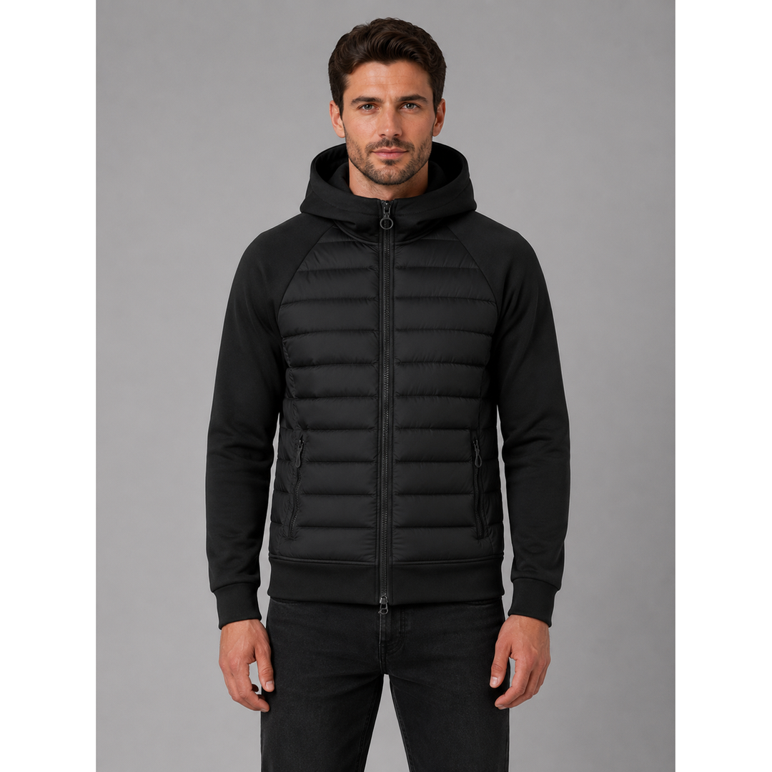 Giacca ibrida piumino uomo con cappuccio e zip intera, ideale per sport, casual e multistrato.