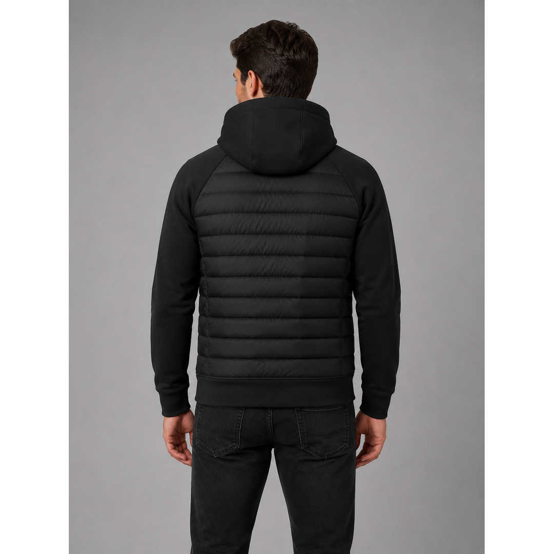 Dettaglio giacca piumino ibrida uomo leggera con cappuccio e zip intera, perfetta per l'outdoors.
