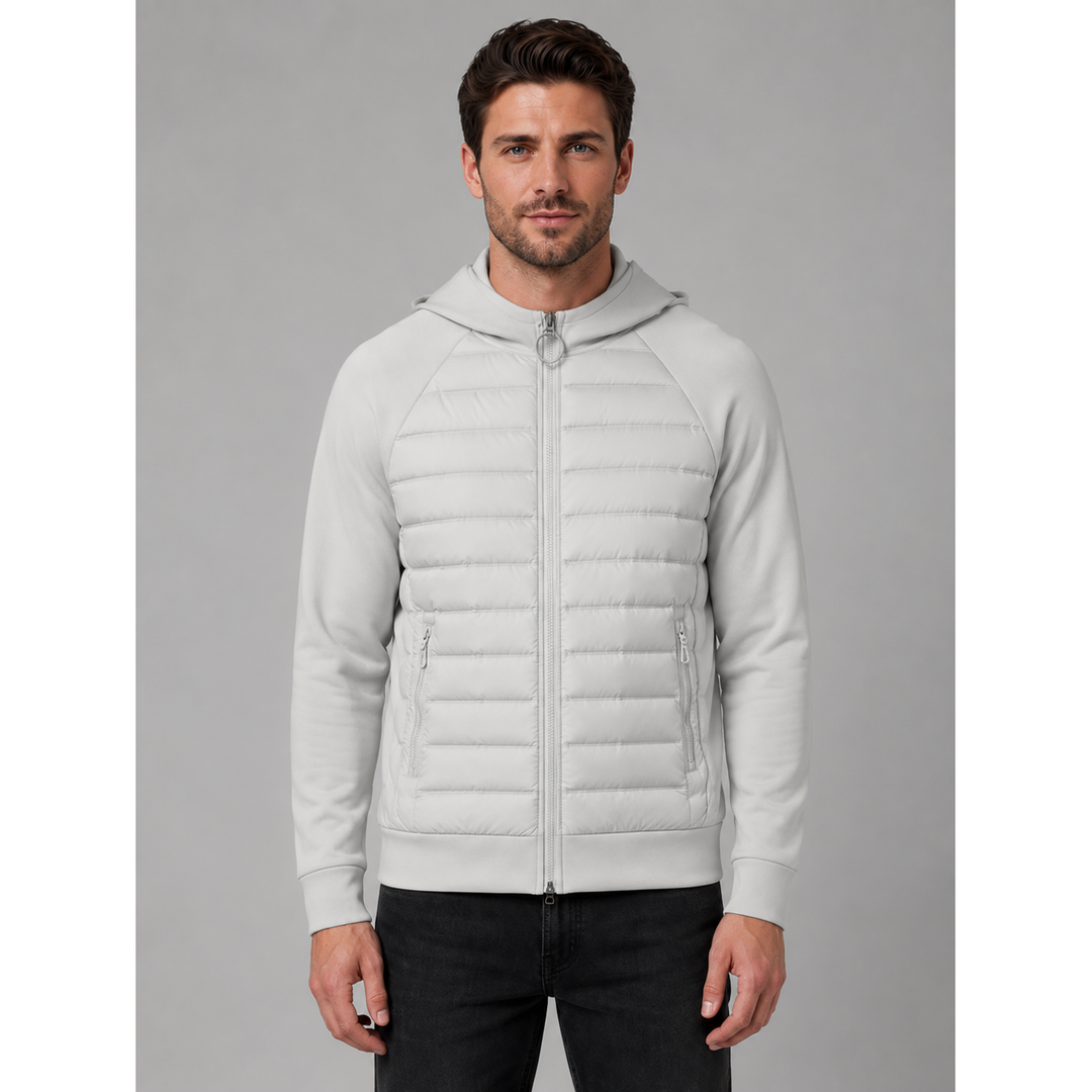 Giacca uomo casual ibrida piumino con cappuccio, zip intera, vestibilità comoda per ogni occasione.