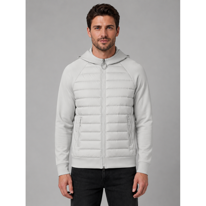 Giacca uomo casual ibrida piumino con cappuccio, zip intera, vestibilità comoda per ogni occasione.