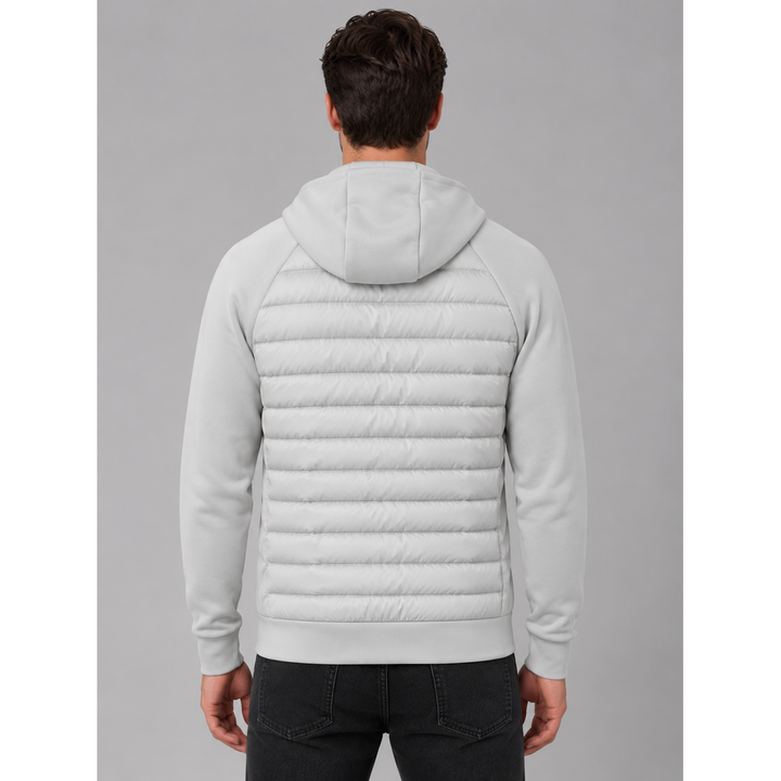 Tessuto giacca ibrida piumino uomo, leggera e sportiva con cappuccio, zip intera, per comfort outdoor.