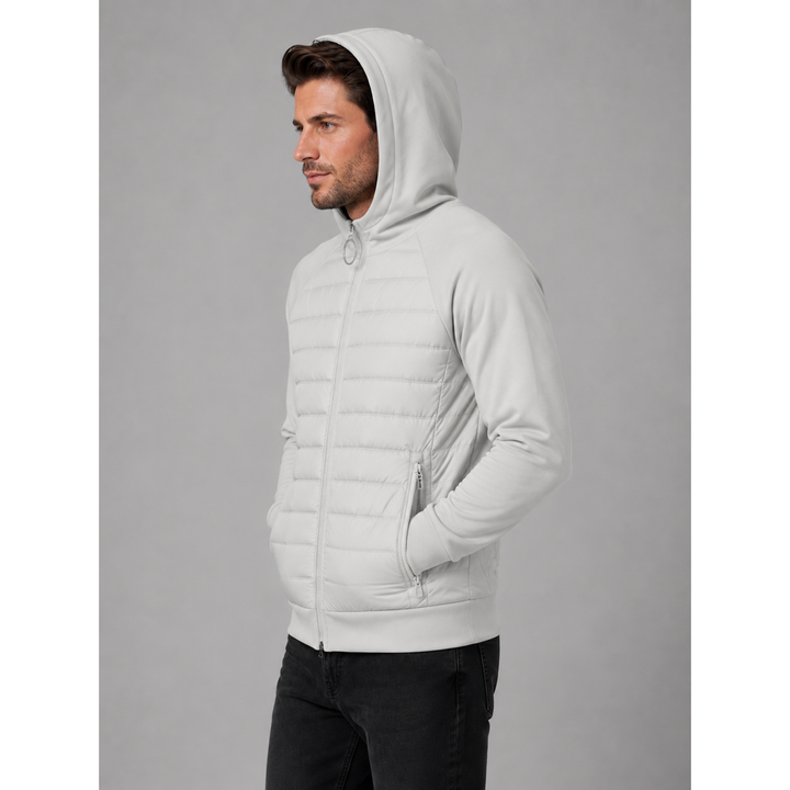 Giacca uomo sportiva e casual ibrida piumino con cappuccio, versatile e leggera per l'outdoors e la città.