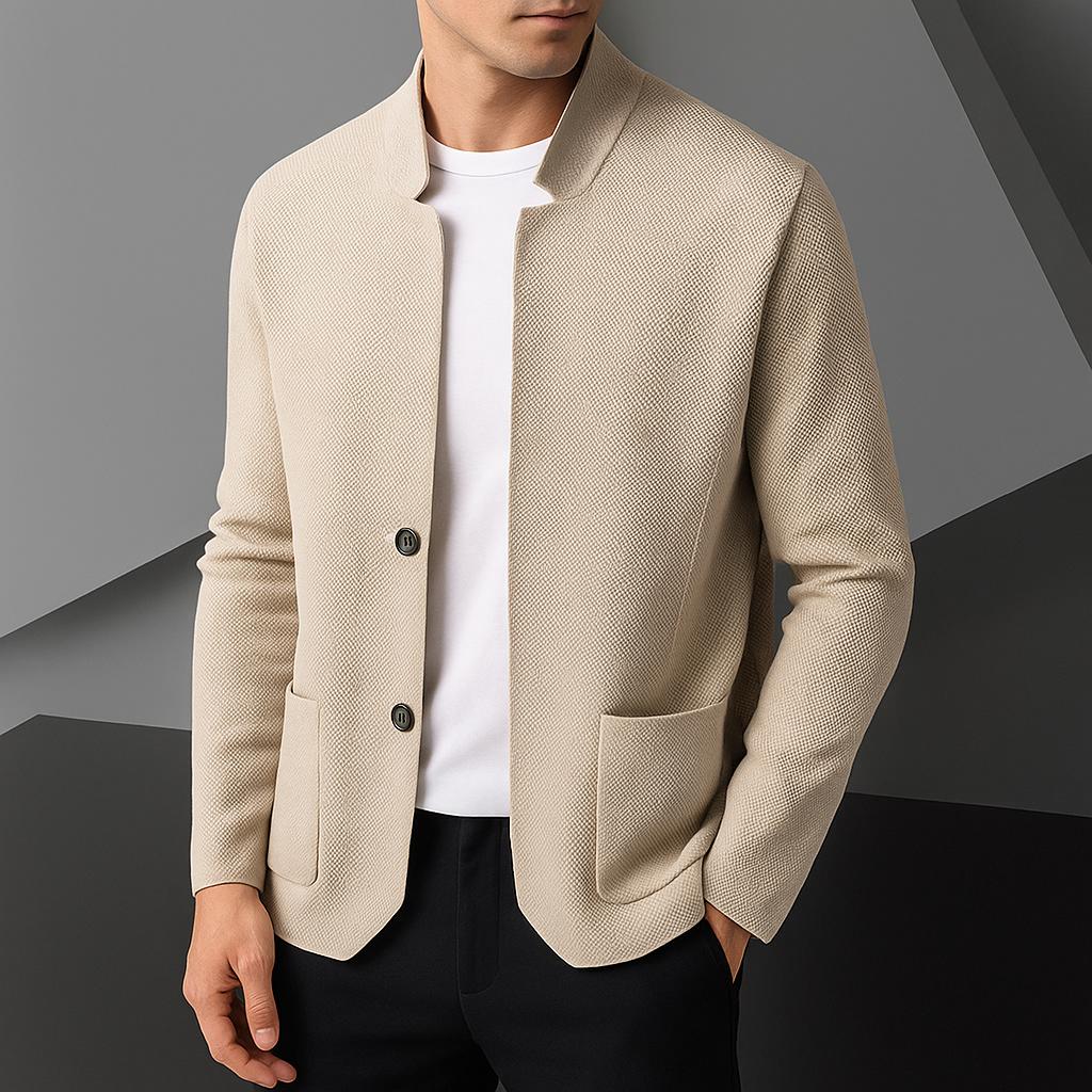 Cardigan uomo elegante nero con collo rialzato e bottoni, perfetto per autunno e primavera.