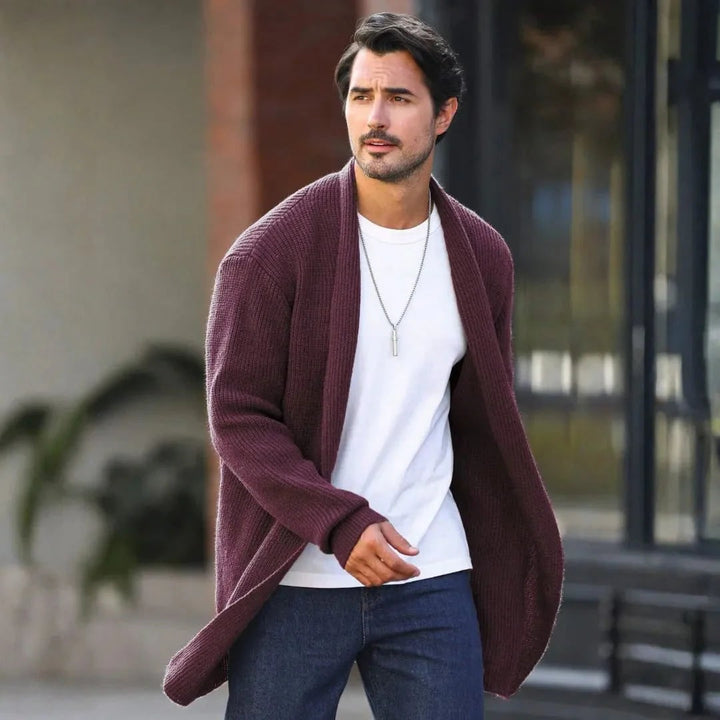 Cardigan uomo con collo a scialle, elegante e casual, perfetto per l'autunno-inverno. Maglione aperto versatile.