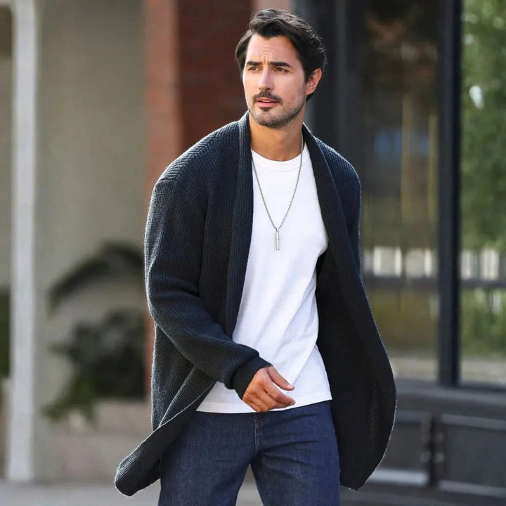 Cardigan uomo a collo a scialle, maglione aperto in colori grigio, nero o verde. Comfort autunno/inverno.