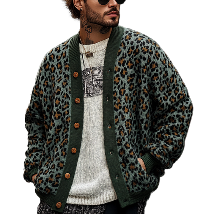 Cardigan da uomo leopardato con scollo a V, stile casual per autunno inverno.
