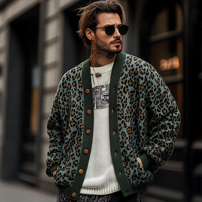 Cardigan uomo in maglieria con audace stampa leopardata, perfetto per un look unico e alla moda.