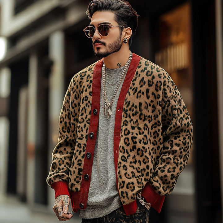Cardigan leopardato da uomo, morbido e versatile, per uno stile casual chic autunno inverno.