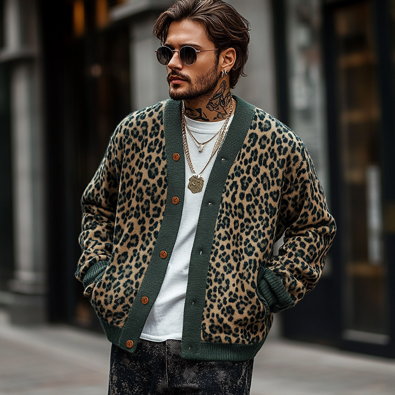 Cardigan uomo trendy con stampa leopardata e scollo a V, aggiungi un tocco audace al tuo stile.