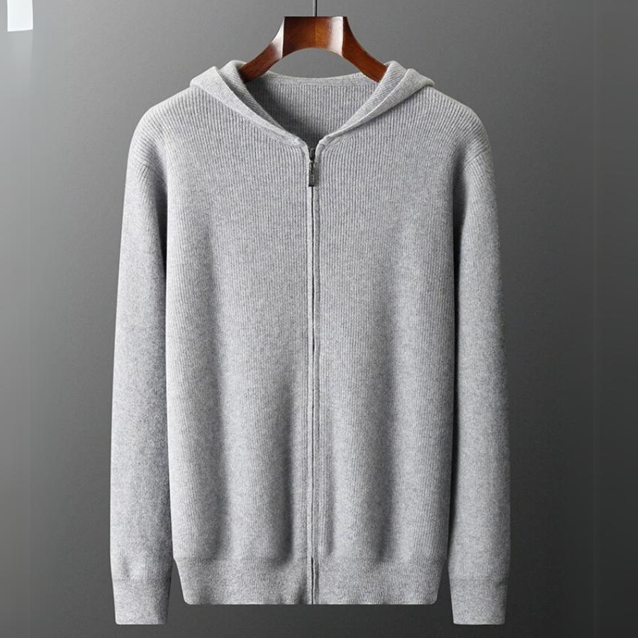 Felpa uomo grigia con cappuccio e zip, perfetta per comfort casual autunnale. Polsini a costine.