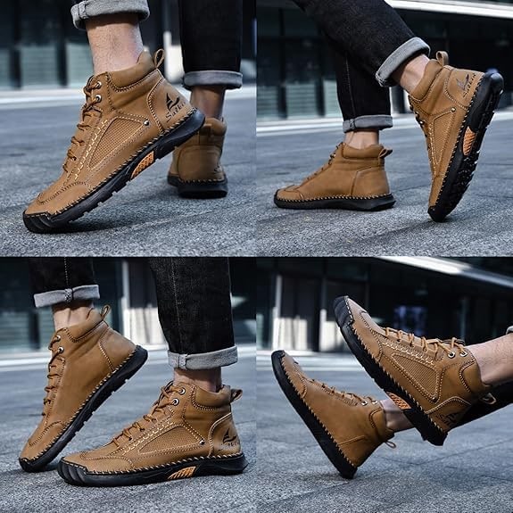 Stivali da uomo casual alla caviglia, impermeabili e con cuciture a contrasto, per un look urbano e pratico.