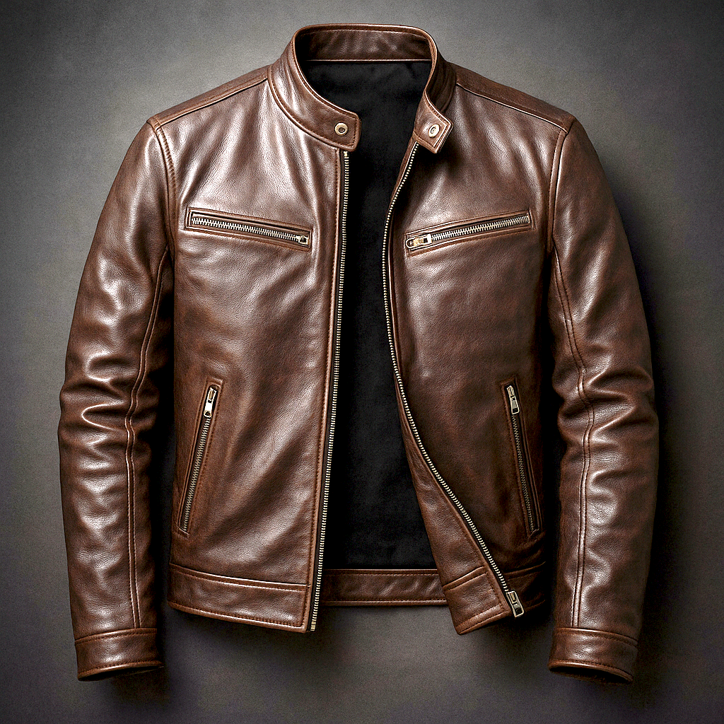 Elegante giacca uomo Cafe Racer vintage, ideale per motociclisti e stile casual urbano. Capo versatile.