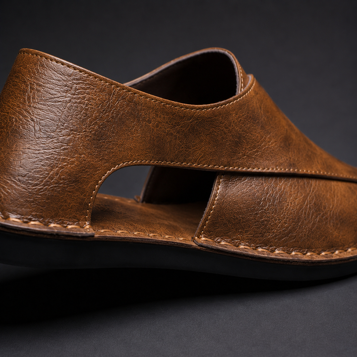 Sandali Peshawari uomo slip-on con distintivi dettagli laterali, calzature pratiche e di moda.