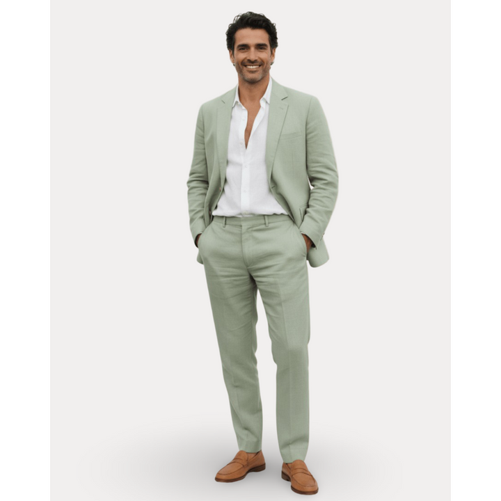Abito uomo slim fit estivo, completo due pezzi con blazer e pantaloni eleganti. Perfetto per matrimoni e cerimonie.