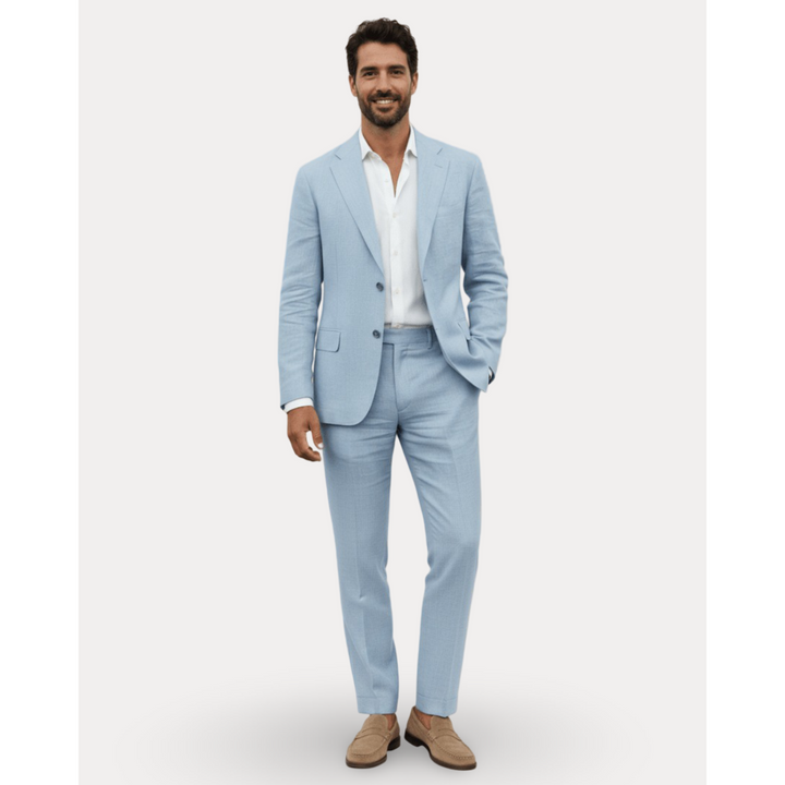 Completo uomo estivo slim fit, leggero e traspirante. Perfetto per matrimoni o eventi formali estivi.