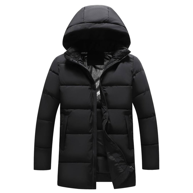 Giacca puffer lunga da uomo con cappuccio, calda e trapuntata, perfetta per l'inverno e la moda urbana.